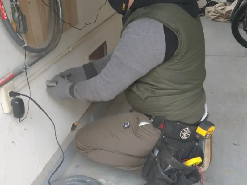 Electrician performing outlet wiring in a Bridgetown garage